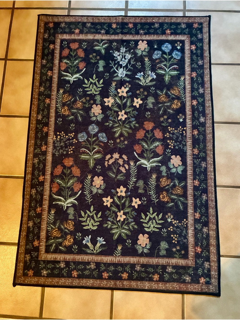 Amazon Black Floral Area Rug with Green, Blue and Pink Accents